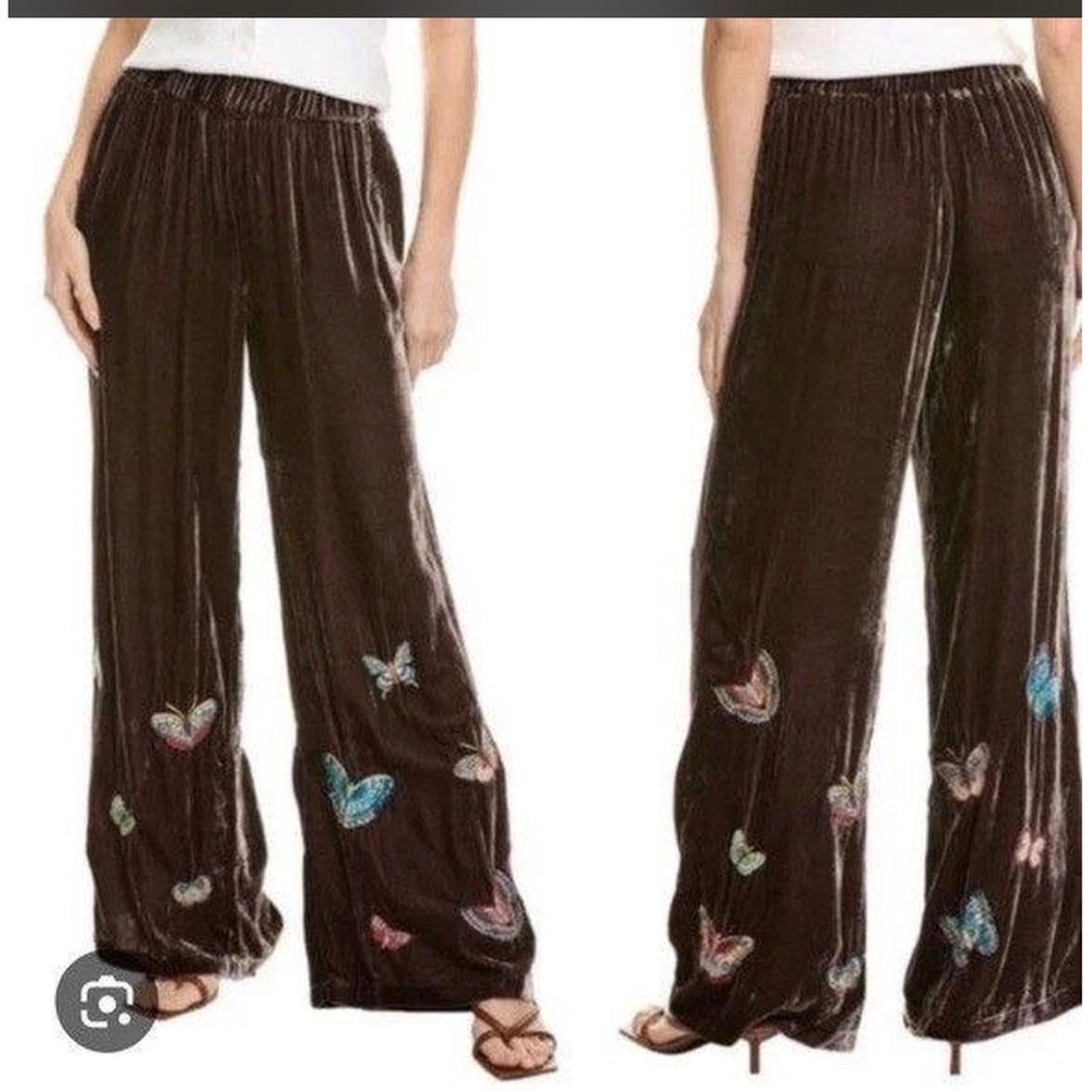 JW Los Angeles Butterfly Embroidered Silk Blend Velvet Wide Leg Pants M Brown